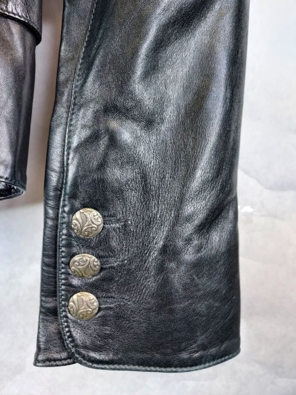 DANIER Button Up Leather Jacket Women's S Black Flared Sleeve Biker Goth Witchy - Picture 4 of 16